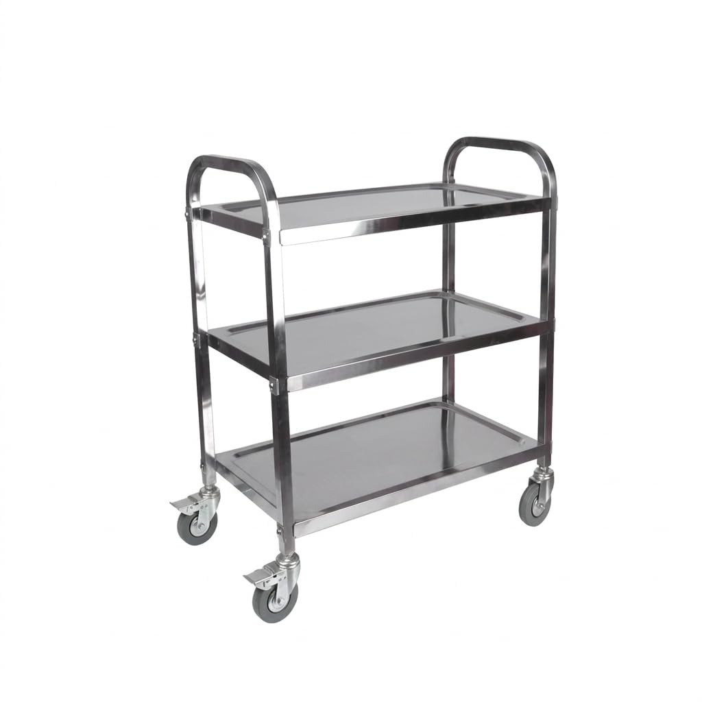 Carro de Servicio Acero Inoxidable 3 Bandejas 76,5x40x89 cm | Ruedas Giratorias con Freno Ø100 mm | Capacidad 45 kg | Hostelería y Manipulación de Alimentos