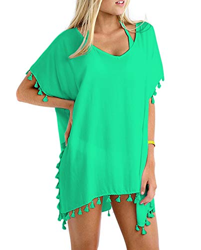 GDKEY Women Chiffon Tassel Swimsuit Bikini Stylish Beach Cover up (Size A, Light Turquoise)