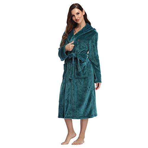 Rongtai Womens Robes Plush Fleece Malachite Green Hooded Bathrobe Thick Nightgown With Pockets Fluffy Sleepwear Small #TOP2