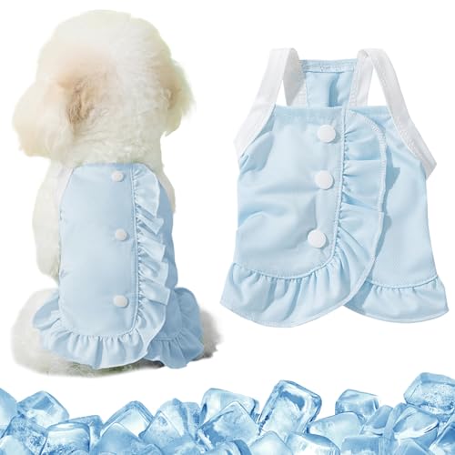 Fnaobai Dog Cooling Outfit Cute Puppy Summer Quick Dry Sleeveless Dress Shirt Breathable Pet Top Clothes Apparel with Ruffles for Small Medium Dog Cats (Blue, Large（8.8-13.2lb）)
