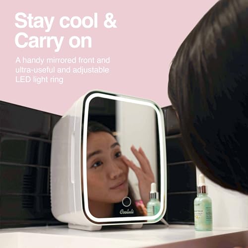 Image of Cooluli Glow 4L Mini Skincare Fridge with Mirror & LED Light - Small Refrigerator for Skin Care, Beauty, Makeup, Cosmetics, Food & Drinks, White