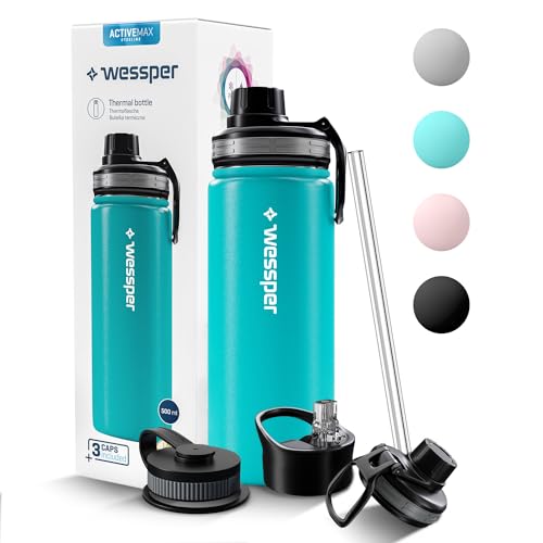Wessper Stainless Steel Drinking Bottle 500 ml Leak-Proof Thermos Flask BPA-Free with 3 Lids Blue Elegant Sports Water Bottle Insulated Flask Children Adults for Camping Bicycle Sports Outdoor