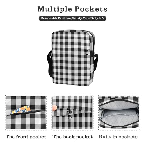 crossbody messenger bag shoulder bags Cross Over Purse Adjustable Strap for Casual Casual- Plaid Black White2