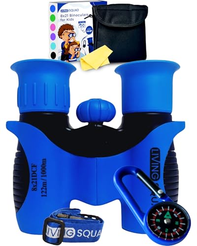 Living Squad Kids Blue Binoculars 8x21 - Kids Age 3-12, Shock Proof Compact Binoculars Set with High Resolution Optics Toys for Bird Watching, Stargazing, Hunting, Hiking, with Case, Neck Strap