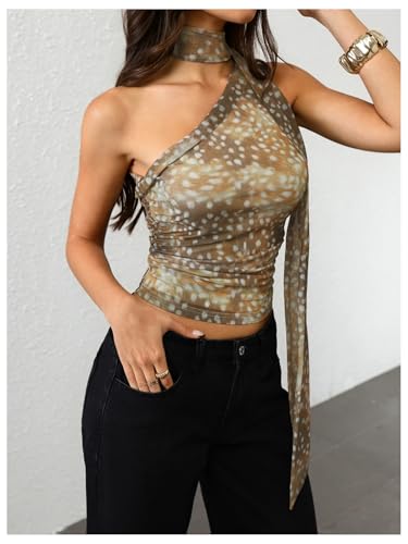 Image of RoseSeek Women's Y2K Leopard Polka Dots Halter Asymmetrical Neck Crop Tops