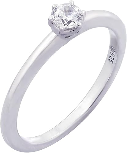Tienda Essentials Anillo solitario de plata de ley con circonita cúbica redonda de elementos infinitos (anteriormente colección Tienda)