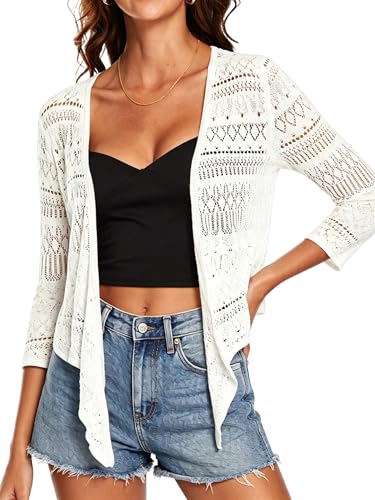 Image of Spicy Sandia Tie Front Sheer Shrug 3 /4 Sleeve Cropped Crochet Cardigan for Summer Lightweight