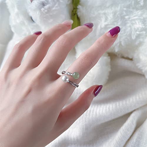 Fooind Real Natural Hetian Jade Rings For Women Girl, Handmade Crystal Pearl Green Jade Rings Jewelry As Gift For Friends, Lover (925 Sterling Silver With White Gold Plated) #TOP4