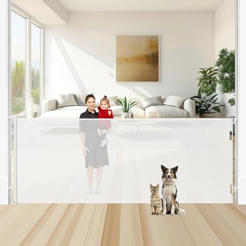 Image of 48" Tall X 95" Wide Retractable Baby Gates Tall Dog Gates for Doorways Extra Wide Mesh Baby Gate for Large Openings Indoor Outdoor Pet Gate - Upgraded Height to Prevent Jumping Over, White