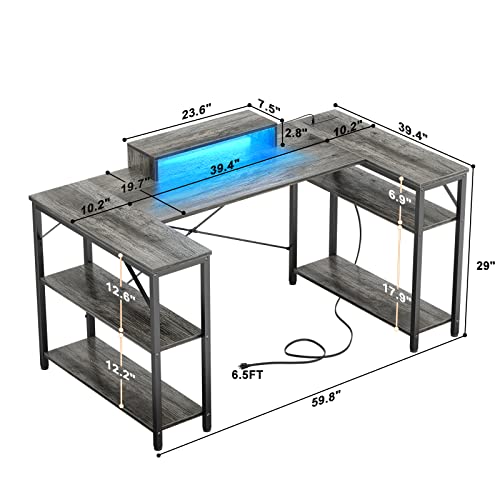 Homieasy U Shaped Computer Desk With Power Strip & Led Strip & Monitor Stand, 60 Inch L Shaped Corner Desk With Double Shelves, Space Saving Home Office Gaming Workstation With Storage (Black Oak) #TOP2