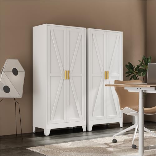 Image of Bevivog 71 inch Kitchen Pantry Cabinet, Metal Storage Cabinet with 2 Doors and 4 Adjustable Shelves, Farmhouse Tall Food Cabinet Pantry Shelves Storage for Kitchen, Home Office, Living Room, Laundry