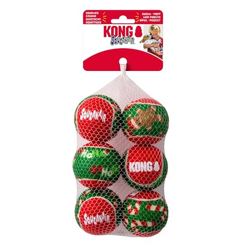 KONG Holiday SqueakAir Tennis Balls Dog Toy – 6-Pack Plush-Felt Squeaky Fetch Balls with Christmas Theme, Non-Abrasive Material Gentle on Teeth (Medium)