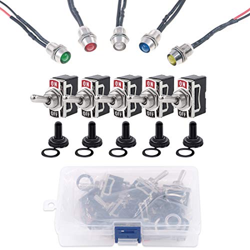 Rustark 5 Pcs Heavy Duty 2 Pin On/Off 15A 250V 20A 125V Rocker Toggle Switch With 5 Pcs Rubber Waterproof Boot Cover, 10 Pcs 12V Led Metal Indicator Dash Light Auto Accessories For Car Truck Boat #TOP6