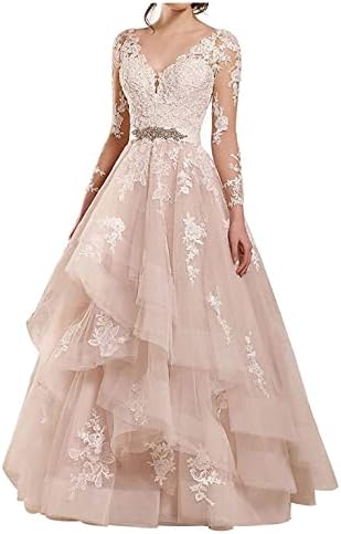 Double V Neck Long Sleeve Lace Wedding Dresses Applique See Through Ruffled Organza Bridal Dress for Bride Style 6 Champagne US 6