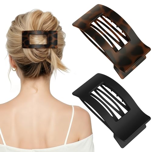 RDUQM 2 Pcs Flat Hair Clips for Women, French Lay Down Flat Claw Clips for Thick Thin Hair, Comfortable Curved Duck Billed Barrettes,Large Matte Non-Slip Strong Hold Hair Accessories, Tortoise & Black