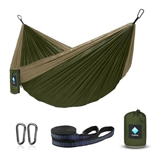 Hammock Camping, Portable Single/Double Hammocks for Outdoor Hiking Travel Backpacking – 210D Nylon Hammock Swing for Backyard & Garden (Green/Khaki)