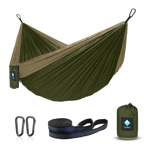 Camping Hammock, Portable Single/Double Hammock for Hiking, Travel, Hiking – 210D Nylon Hammock for Backyard and Garden (Green/Khaki)