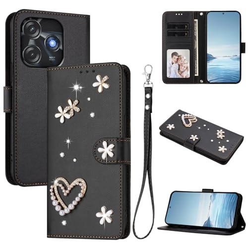 Jiajihua Case Compatible with Tecno Spark 10C / Spark 10 4G Lanyard【Card Holder Wallet Flip Cover Magnetic Buckle Kickstand】 Black