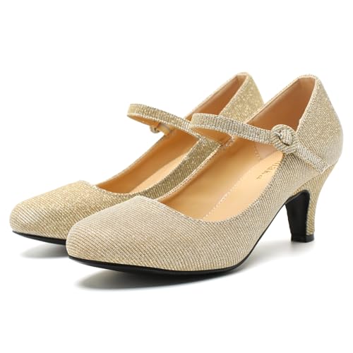 Image of Women's Vintage Mary Jane Shoes Dress Comfortable Low Kitten Heels Ankle Strap Closed Round Toe Office Work Wedding Pumps