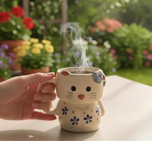 Image of Ceramic Cat Mug with Heart Handle, White Pink, 300ml Capacity, Floral Design Coffee Cup with Lid, Large