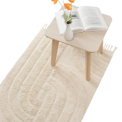 HOMELEVEL Alfombra Boho - 80x150 cm - Beige - Antideslizante - Lavable - Algodón Natural