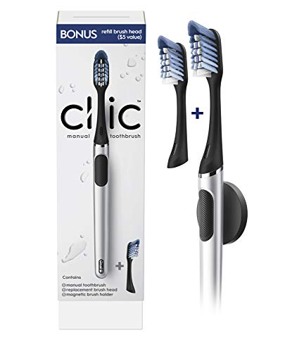 Oral-B Clic Manual Toothbrush, Chrome Black, with 1 Bonus Replacement Brush Head and Magnetic Toothbrush Holder
