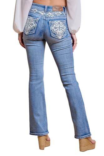High Waisted-Rise Embroidered Feather Bootcut - Curvy Women’s Stretchy Flare Denim Jeans