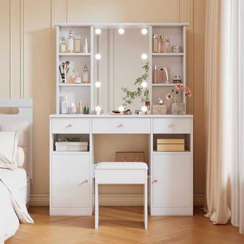 Lcoho Tocador grande, mesa de maquillaje con iluminación LED ajustable, con espejo y taburete de tocador, 3 cajones y 2 puertas, dormitorio blanco, dimensiones: 151 x 110 x 40 cm (alto x ancho x