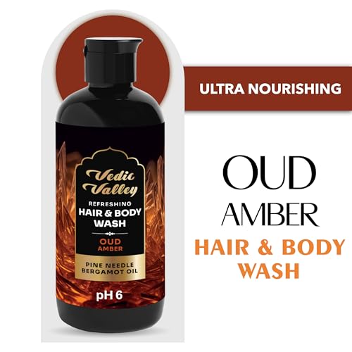 Image of VEDIC VALLEY Natural 3-in-1 Refreshing Oud Amber Hair & Body Wash for Dry skin | Paraben Free Shower Gel for Women & Men Helps Body Acne, Nourished Skin & Shiny Hair| 300 ml