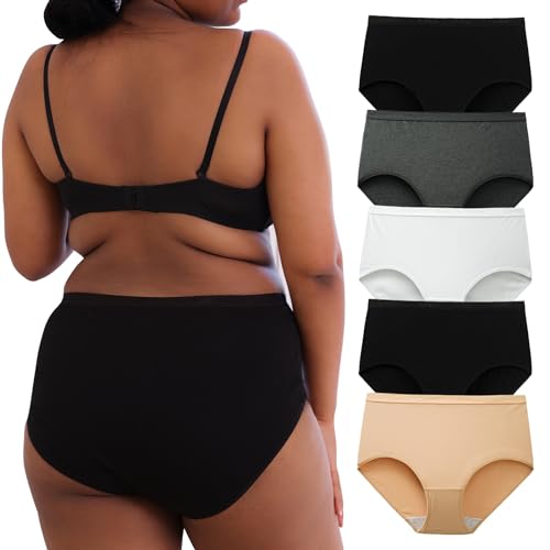 INNERSY Bragas Tallas Grandes Mujer Braguitas Algodon Suave Ropa Interior de Cintura Alta 5 Pack (52-54, Blanco+Beige+Gris+2 Negro)