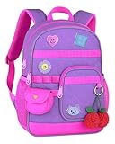 Mochila Escolar Infantil Juju, com Matelassê, Patches Decorativos, Pompom e Bolsa Lateral, 40x30x13 cm, Modelo Soft Teófilo 2026 (Lilás/Rosa)