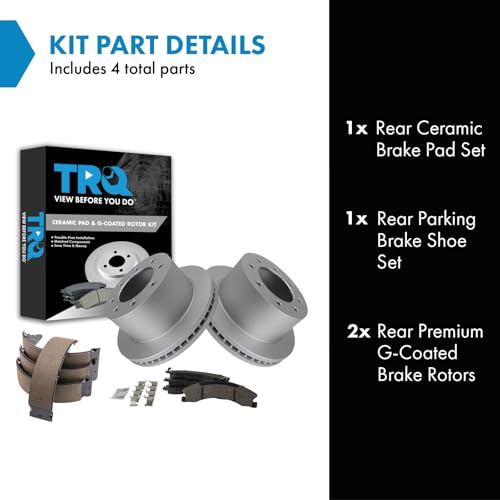 Image of TRQ Rear Brake Pad & Rotor Kit Parking Brake Shoe Set Ceramic Premium G-Coated Compatible with 2013-2017 Chevrolet Silverado 3500 HD GMC Sierra 3500 HD