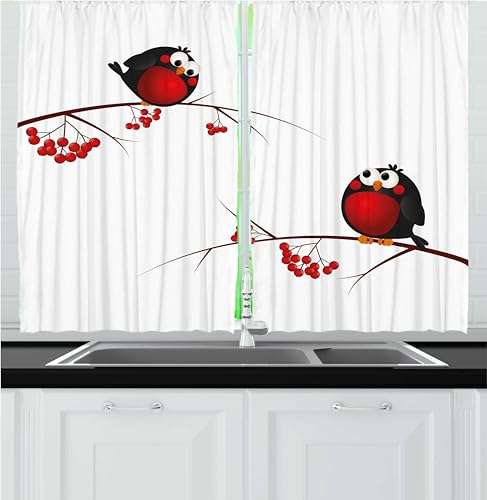 Ambesonne Rowan Kitchen Curtains, Kids Themed Cartoon Style Birds on Branches Funny Happy Christmas Design, Window Drapes 2 Panel Set for Kitchen Cafe Decor, 55