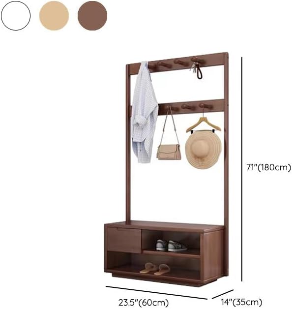 LITFAD 4-in-1 Coat Rack Solid Wood Entryway Hall Tree with Shoe Bench 71 Inch Freestanding Clothing Rack with Hanging Hooks and Drawer for Hallway, Bedroom-23.5" L x 14" W x 71" H,Nut-Brown
