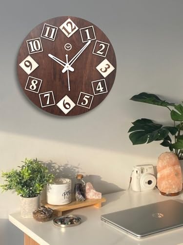 Image of cozyloom Antique Wooden Analog Wall Clock - Rustic Vintage-Style Classic Timepiece with Bold Number Blocks &Home, Living Room, Office Decor