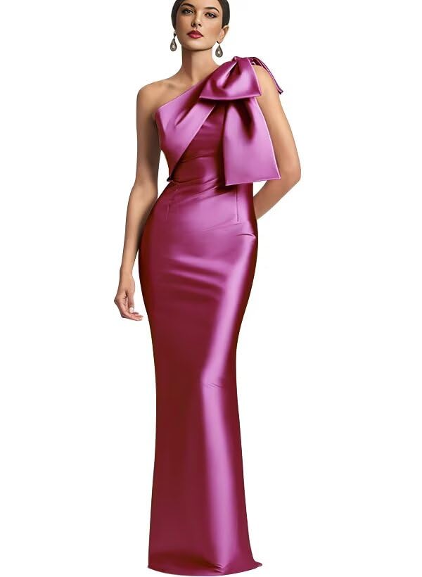 Image of One Shoulder Bridesmaid Dresses with Bow Long Mermaid Satin Back Slit Mother of The Bride Dresses PM004