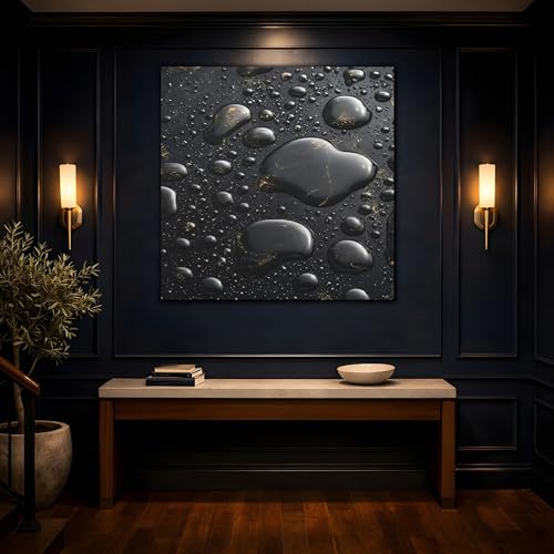 Tableau abstrait gouttes or et noir 60x60 cm pour salon moderne - 4