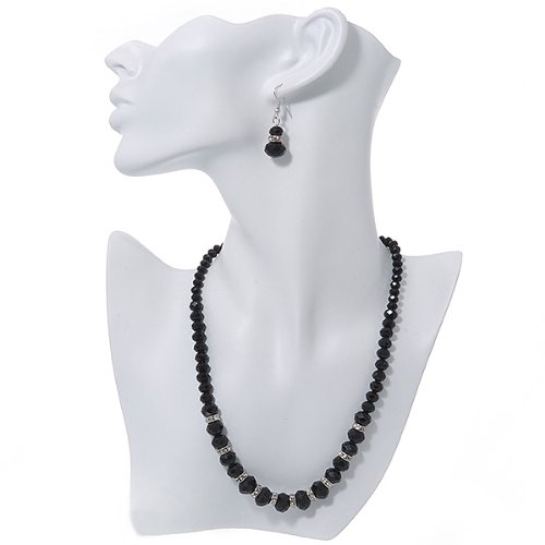 Conjunto de Collar y Pendientes de Cristal Negro Vidrio Gargantilla con Pulsera Flexible Mujer 3
