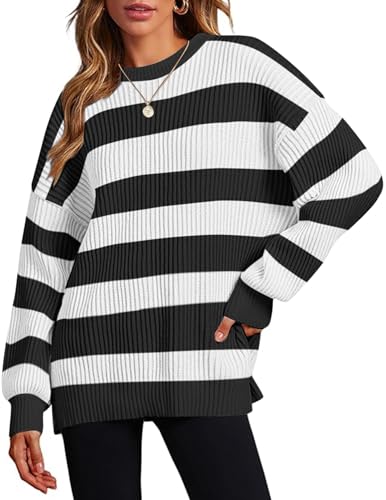 Image of Zeagoo Women 2026 Fall Lightweight Oversized Sweater Crew Neck Long Sleeve Color Block Pullover Rib Knit Blouse Tops XS-2XL