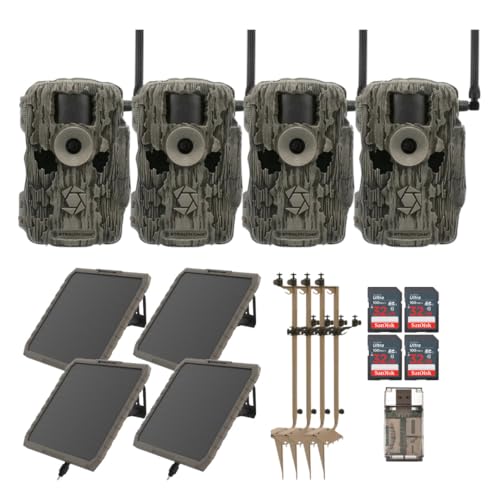 Stealth Cam 36MP Fusion Max Cellular Trail Camera with Infrared Flash (4-Pack) Bundle with Battery Pack (4-Pack), Mounting Post (4-Pack), 32GB Memory Card (4-Pack), and Card Reader (17 Items)