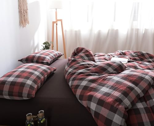 Image of VM VOUGEMARKET Red Gingham Duvet Cover King Muslin Cotton Plaid Bedding Set Soft Breathable Linen Like Gauze Comforter Cover with Zipper Closure for Adults-3 Pieces,104 inchx90 inch