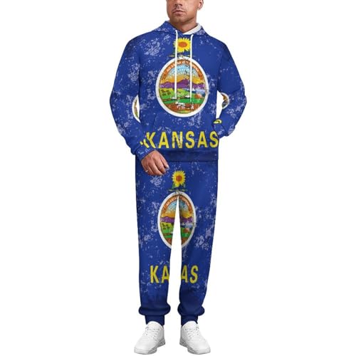 Conjunto de chándal de manga larga con capucha y pantalones deportivos para hombre, diseño de la bandera de Kansas, Estilo:, XL