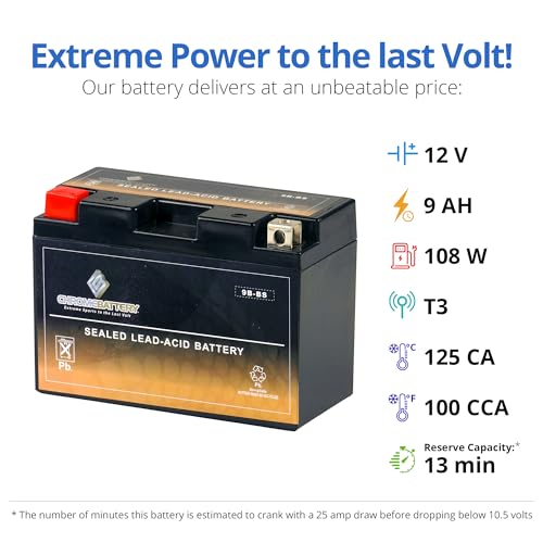 Image of CB CHROMEBATTERY YTX9B-BS 12 V 115 CCA AGM - Maintenance-Free 9 Ah Battery for Sportbike, ATV, Scooter, Jet Ski - T3 Nut & Bolt Terminal - Fits Yamaha R6, Honda CBR600F4i, Suzuki GSX-R600