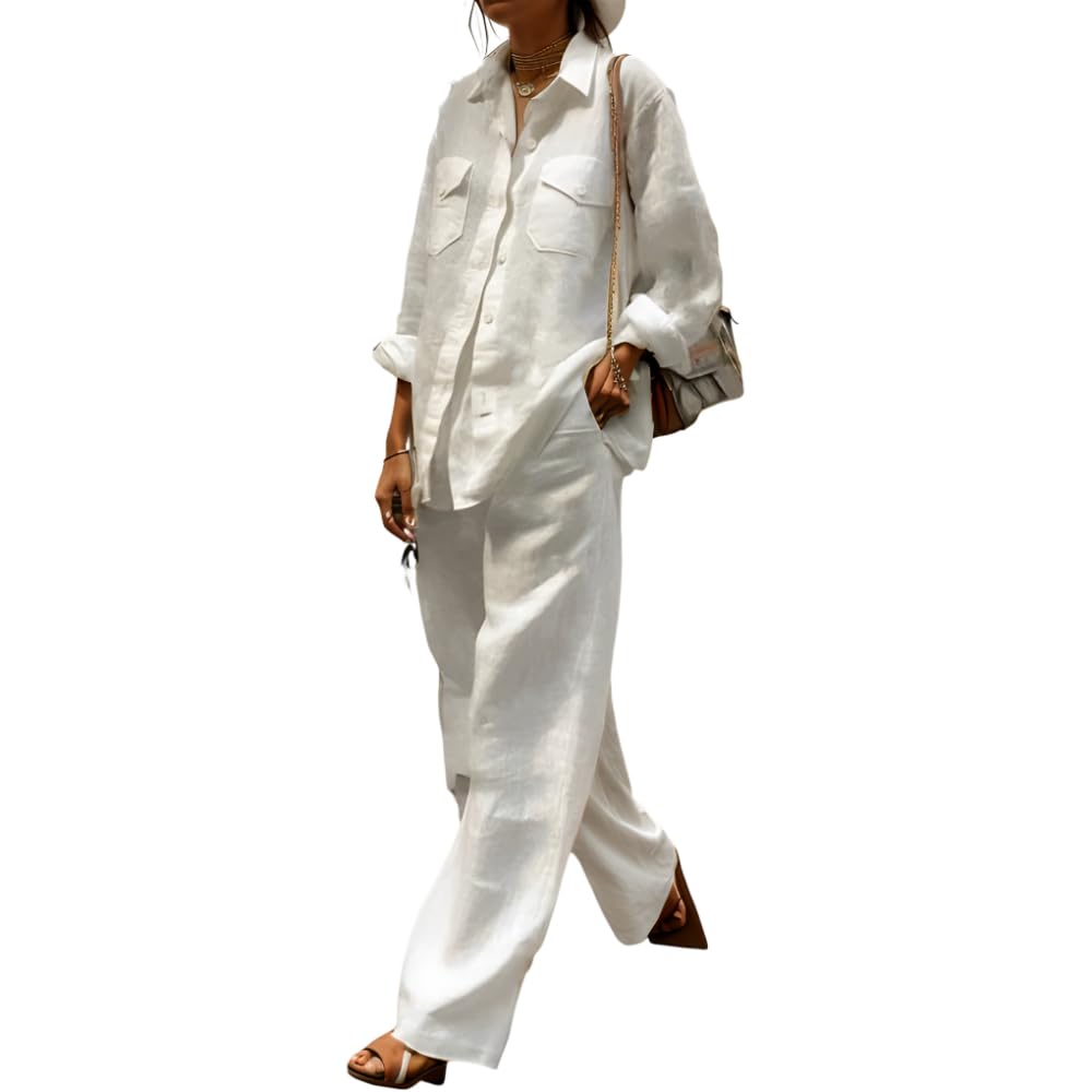 Nupucy Womens Cotton Linen 2 Piece Sets Button Down Long Sleeve Shirt Elastic Waist Wide Leg Trousers Loose Sets with Pockets
