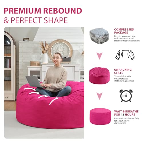 3FT Bean Bag Chair, Comfy Bean Bag Chairs with Memory Foam Filled, Fluffy Beanbag Sofa with Dutch Velvet Cover, Round BeanBag Chairs for Living Room, Playroom - Pink