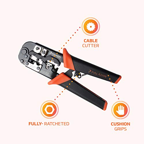Image of Paladin Tools PA1561 Professional Data Cable Crimper | Cut & Strip CAT5 CAT5E CAT6 | RJ45 RJ11 RJ12 RJ22 | POE Ethernet (Professional Grade)