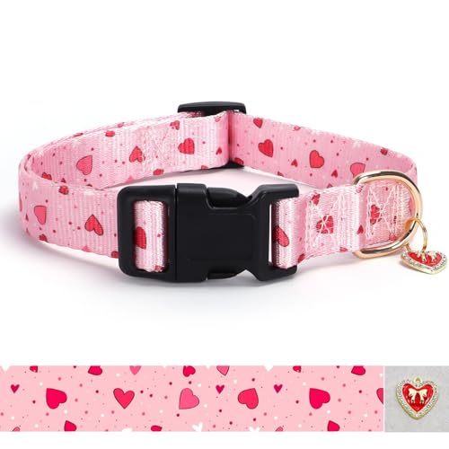 Image of Love Pattern Dog Collar with Buckle Adjustable Safety Nylon Collars for Small Medium Large Dogs, Cute Stylish Girl Boy Christmas Dog Collar （Pink Heart,L