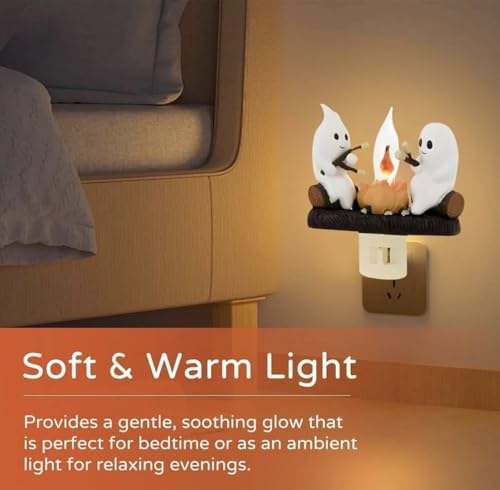 Image of Ghost Campfire Flickering Night Light, Ghosts Campfire Flicker Flame Halloween Nightlight, 3D LED Small Faux Campfire Night Light, Halloween NighGhost Campfire Flickering Night Light, White