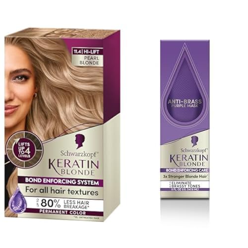 Bundle of Schwarzkopf Keratin Blonde Permanent Hi-Lift Hair Dye, Pearl Blonde 11.4 + Anti-Brass Purple Mask