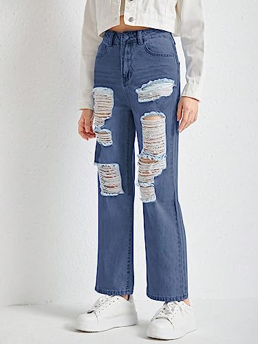 WDIRARA Girl's Graphic Butterfly Print Ripped Jeans Straight Leg Distressed Jean Pants3